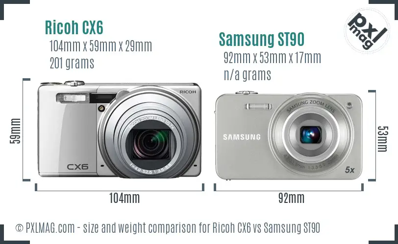 Ricoh CX6 vs Samsung ST90 size comparison