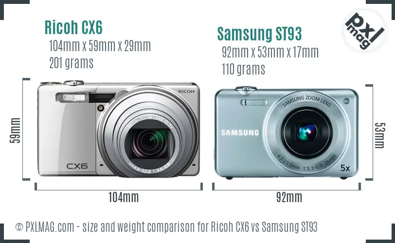 Ricoh CX6 vs Samsung ST93 size comparison