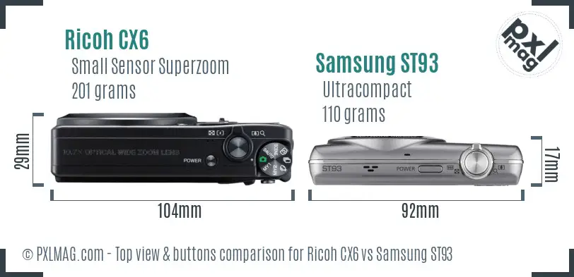 Ricoh CX6 vs Samsung ST93 top view buttons comparison