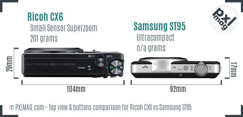 Ricoh CX6 vs Samsung ST95 top view buttons comparison Ricoh CX6 vs Samsung ST95 top view buttons comparison