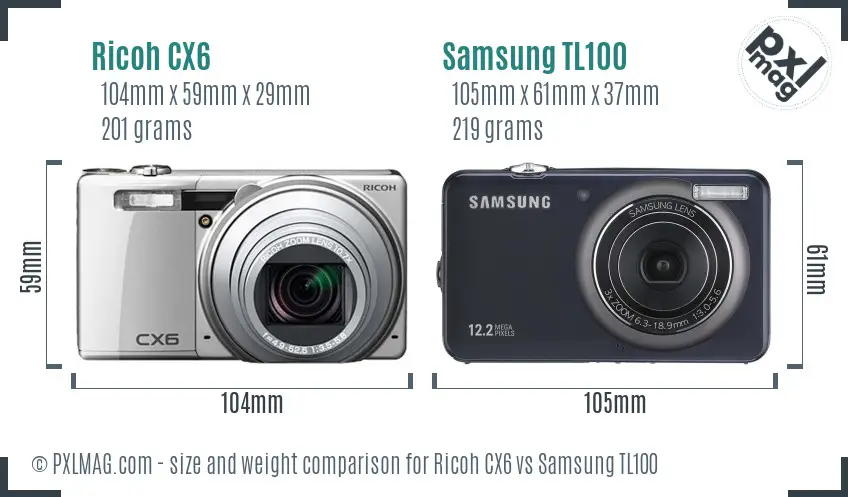 Ricoh CX6 vs Samsung TL100 size comparison
