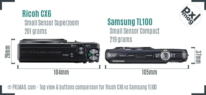 Ricoh CX6 vs Samsung TL100 top view buttons comparison