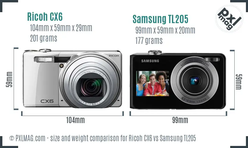 Ricoh CX6 vs Samsung TL205 size comparison