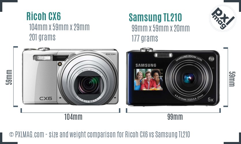 Ricoh CX6 vs Samsung TL210 size comparison