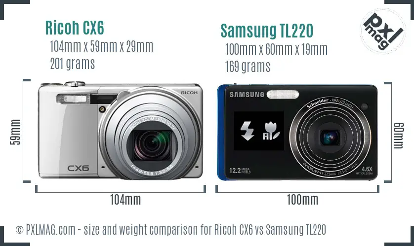 Ricoh CX6 vs Samsung TL220 size comparison