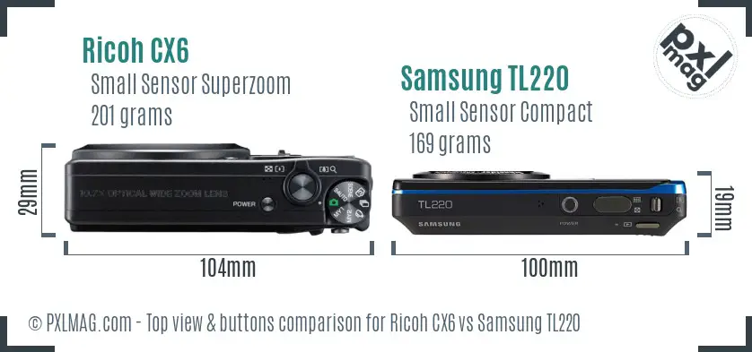 Ricoh CX6 vs Samsung TL220 top view buttons comparison