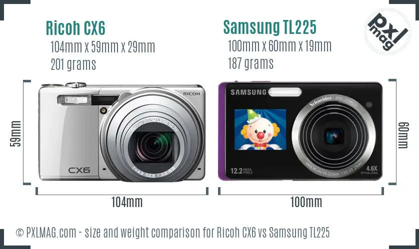 Ricoh CX6 vs Samsung TL225 size comparison