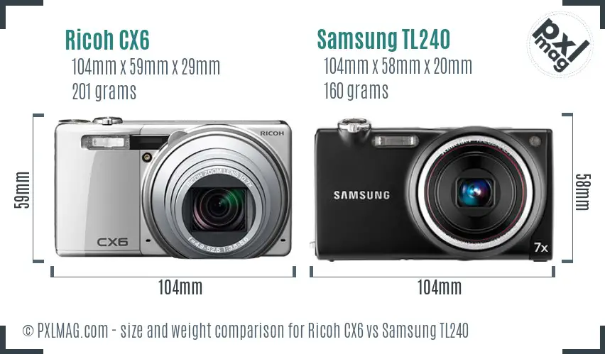 Ricoh CX6 vs Samsung TL240 size comparison