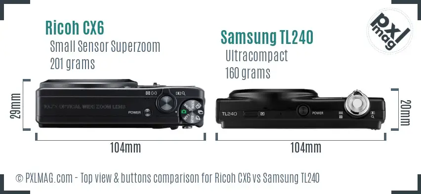 Ricoh CX6 vs Samsung TL240 top view buttons comparison