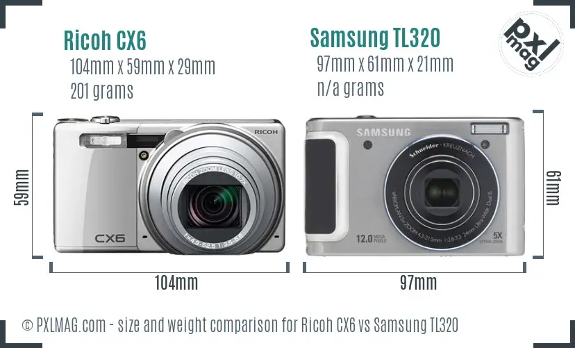 Ricoh CX6 vs Samsung TL320 size comparison