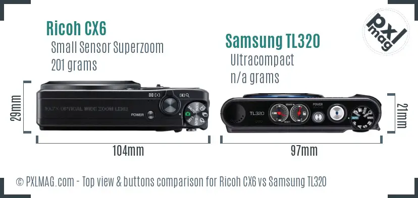 Ricoh CX6 vs Samsung TL320 top view buttons comparison