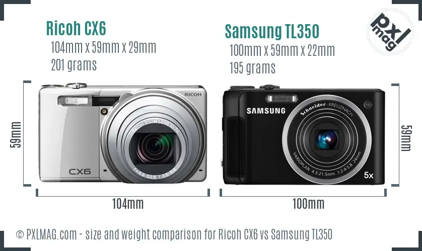 Ricoh CX6 vs Samsung TL350 size comparison