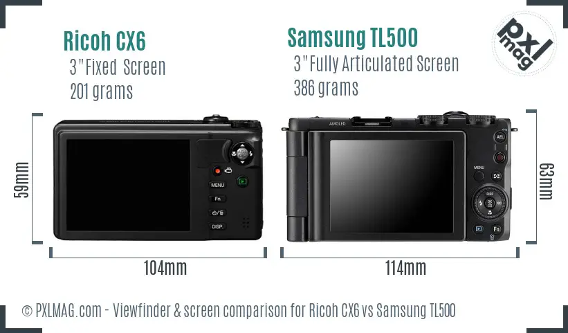 Ricoh CX6 vs Samsung TL500 Screen and Viewfinder comparison