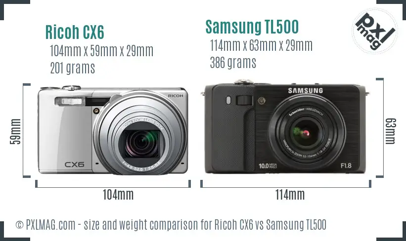Ricoh CX6 vs Samsung TL500 size comparison