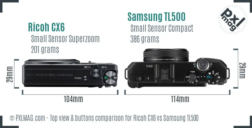 Ricoh CX6 vs Samsung TL500 top view buttons comparison
