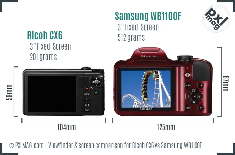 Ricoh CX6 vs Samsung WB1100F Screen and Viewfinder comparison