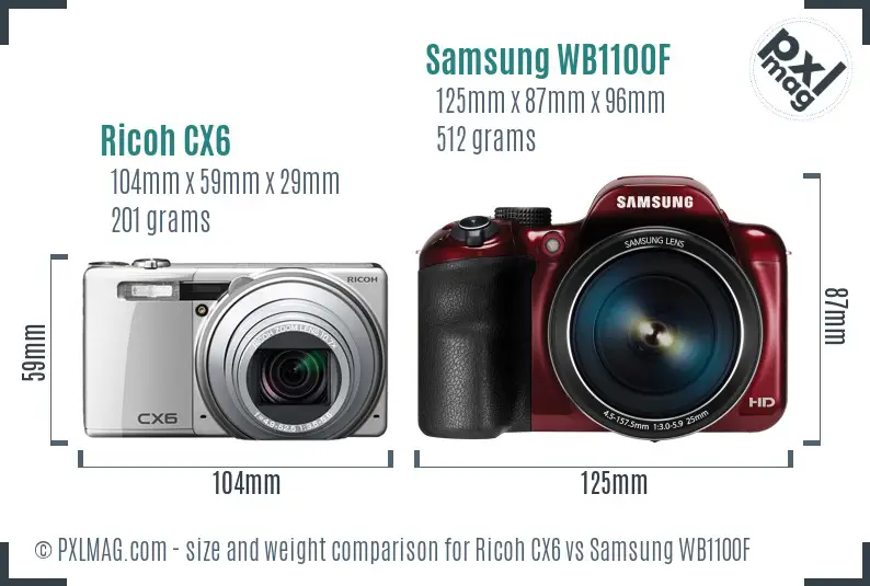 Ricoh CX6 vs Samsung WB1100F size comparison