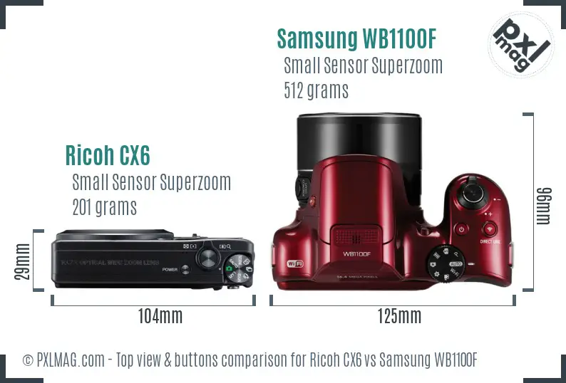 Ricoh CX6 vs Samsung WB1100F top view buttons comparison