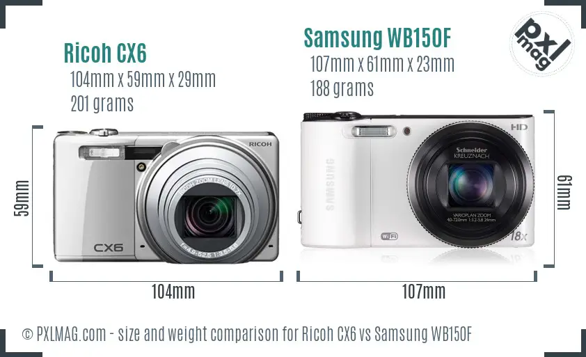 Ricoh CX6 vs Samsung WB150F size comparison