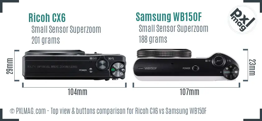 Ricoh CX6 vs Samsung WB150F top view buttons comparison