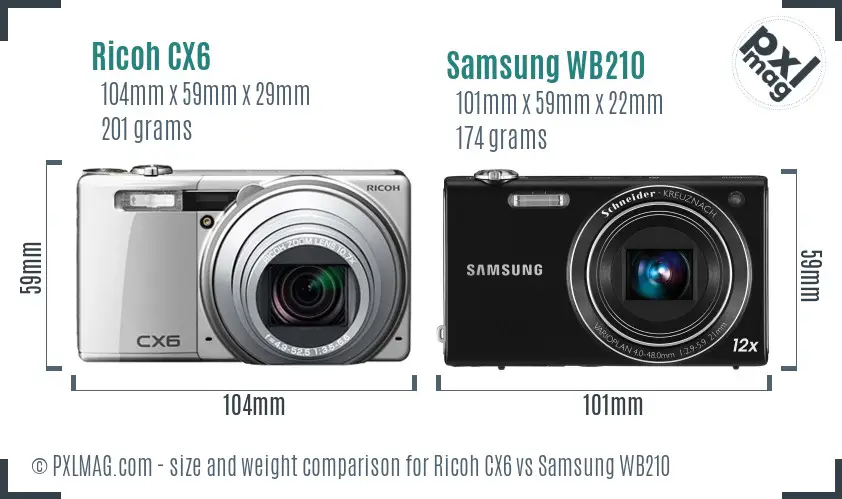 Ricoh CX6 vs Samsung WB210 size comparison