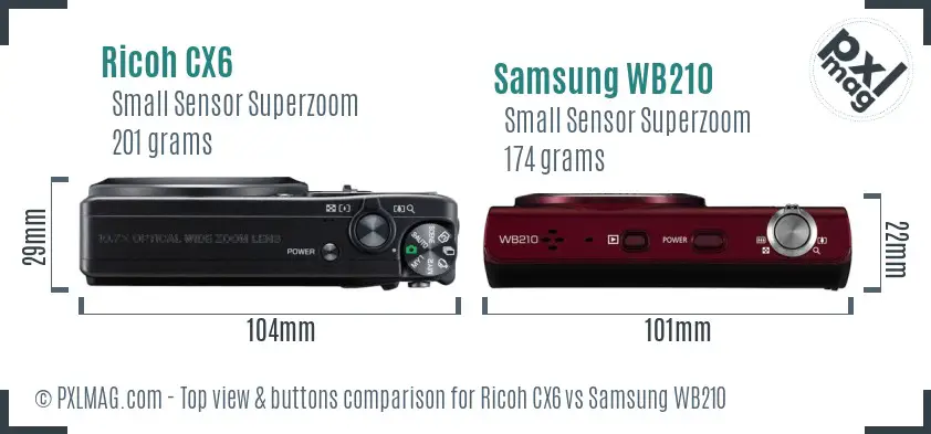 Ricoh CX6 vs Samsung WB210 top view buttons comparison