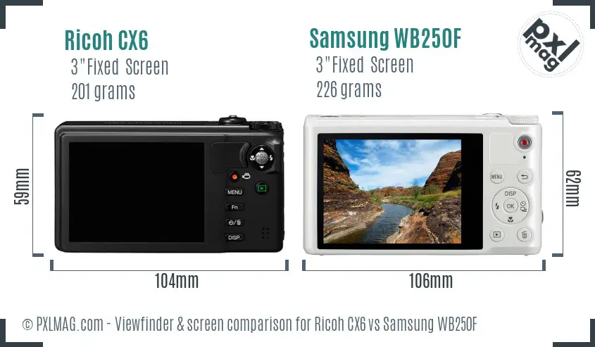 Ricoh CX6 vs Samsung WB250F Screen and Viewfinder comparison