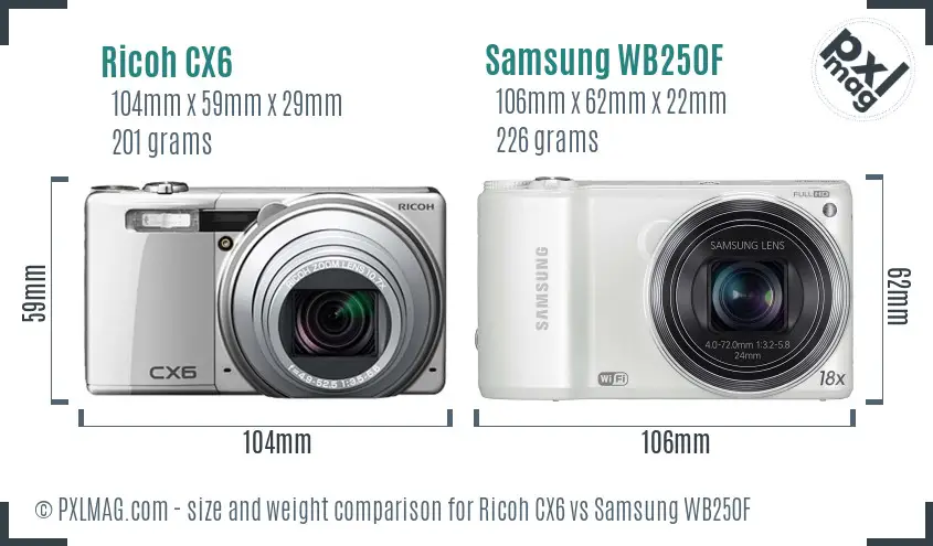 Ricoh CX6 vs Samsung WB250F size comparison