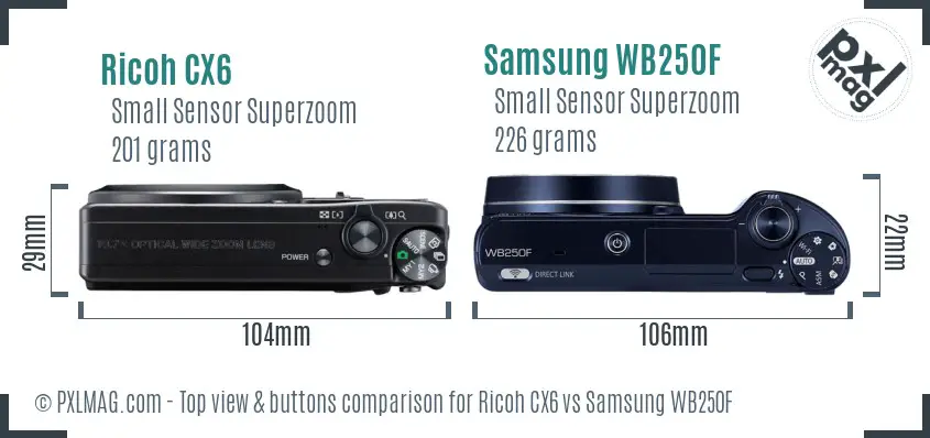 Ricoh CX6 vs Samsung WB250F top view buttons comparison