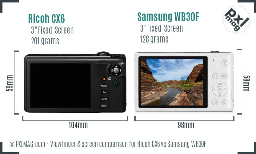 Ricoh CX6 vs Samsung WB30F Screen and Viewfinder comparison