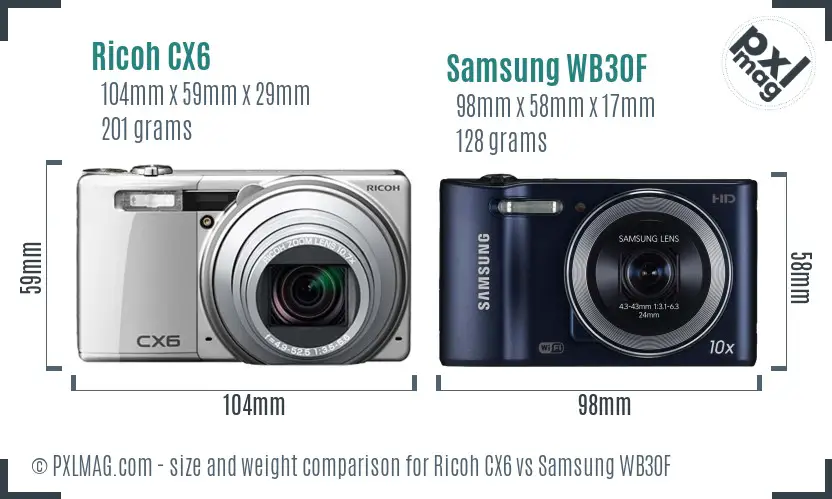 Ricoh CX6 vs Samsung WB30F size comparison