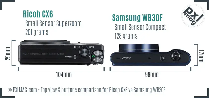Ricoh CX6 vs Samsung WB30F top view buttons comparison