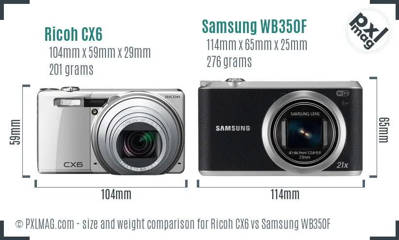 Ricoh CX6 vs Samsung WB350F size comparison