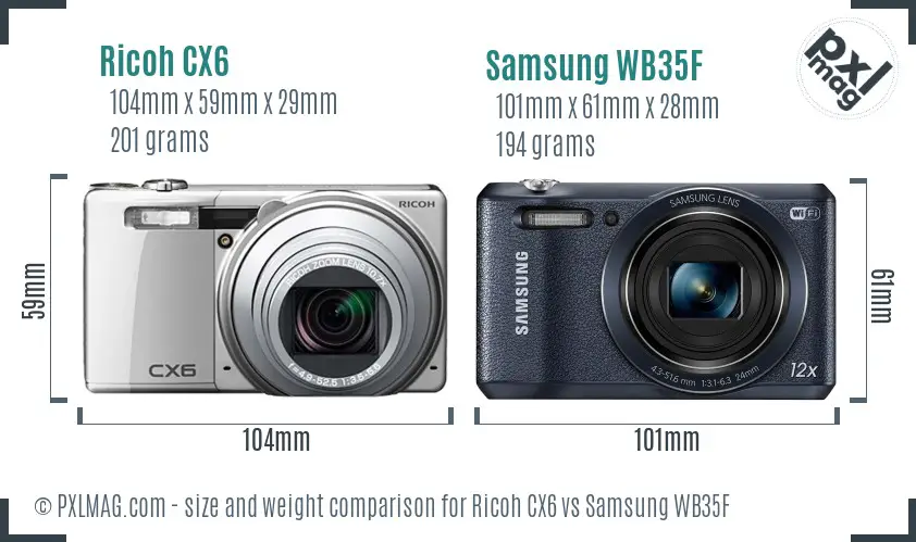 Ricoh CX6 vs Samsung WB35F size comparison