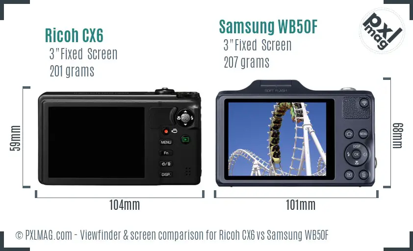 Ricoh CX6 vs Samsung WB50F Screen and Viewfinder comparison
