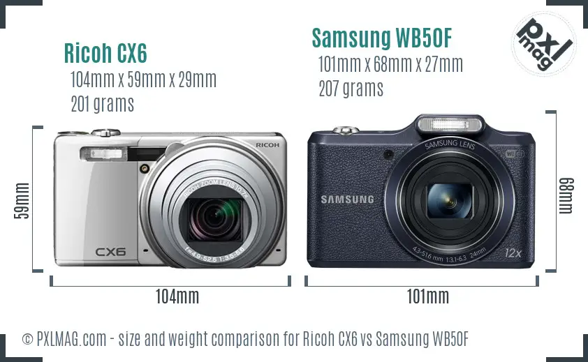 Ricoh CX6 vs Samsung WB50F size comparison