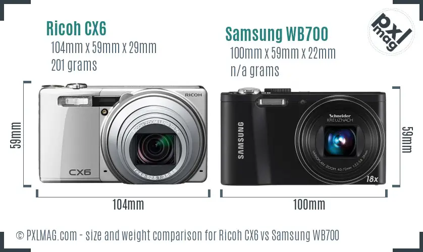 Ricoh CX6 vs Samsung WB700 size comparison