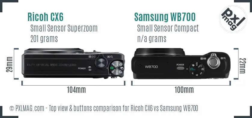 Ricoh CX6 vs Samsung WB700 top view buttons comparison