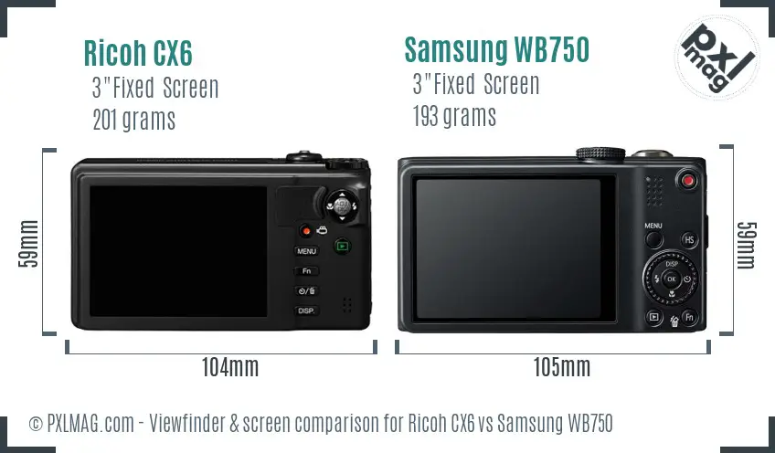 Ricoh CX6 vs Samsung WB750 Screen and Viewfinder comparison