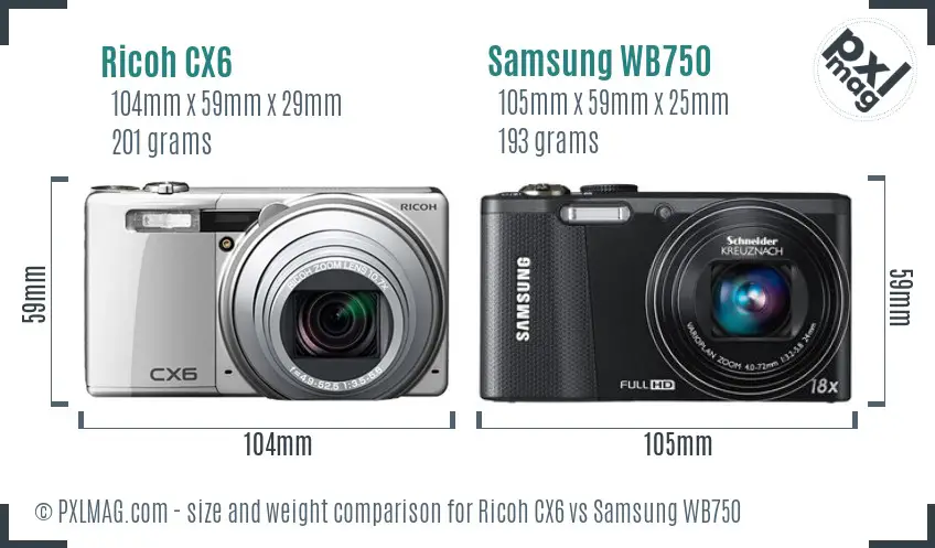 Ricoh CX6 vs Samsung WB750 size comparison