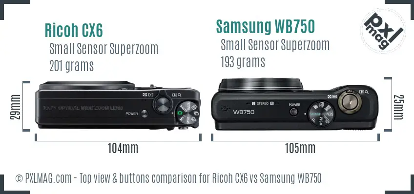 Ricoh CX6 vs Samsung WB750 top view buttons comparison