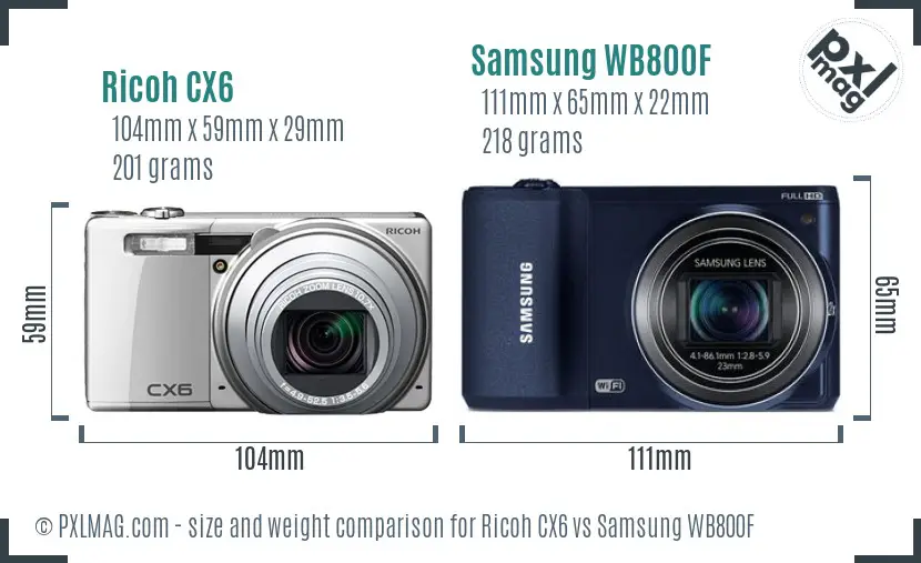 Ricoh CX6 vs Samsung WB800F size comparison