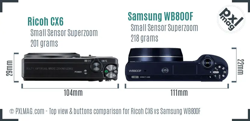 Ricoh CX6 vs Samsung WB800F top view buttons comparison