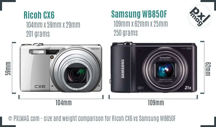 Ricoh CX6 vs Samsung WB850F size comparison