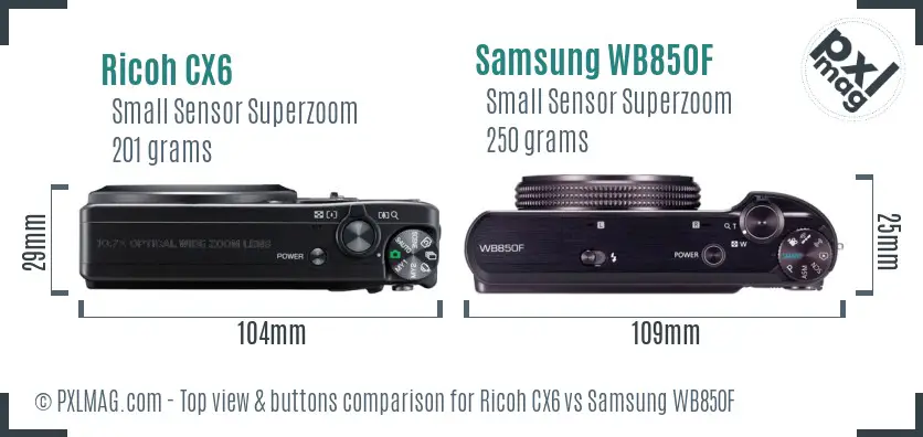 Ricoh CX6 vs Samsung WB850F top view buttons comparison