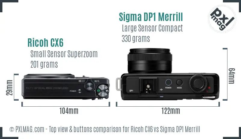 Ricoh CX6 vs Sigma DP1 Merrill top view buttons comparison