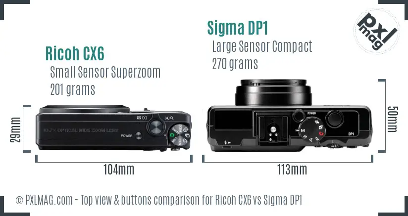 Ricoh CX6 vs Sigma DP1 top view buttons comparison
