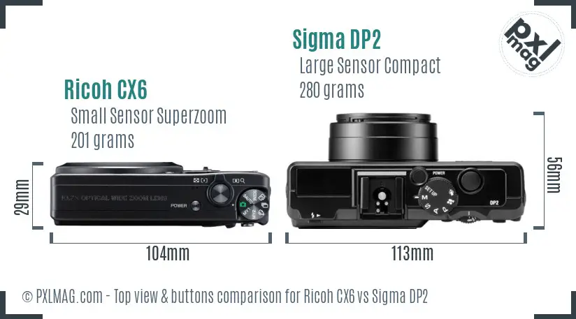 Ricoh CX6 vs Sigma DP2 top view buttons comparison