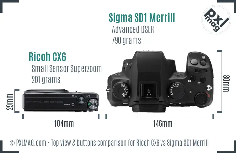 Ricoh CX6 vs Sigma SD1 Merrill top view buttons comparison