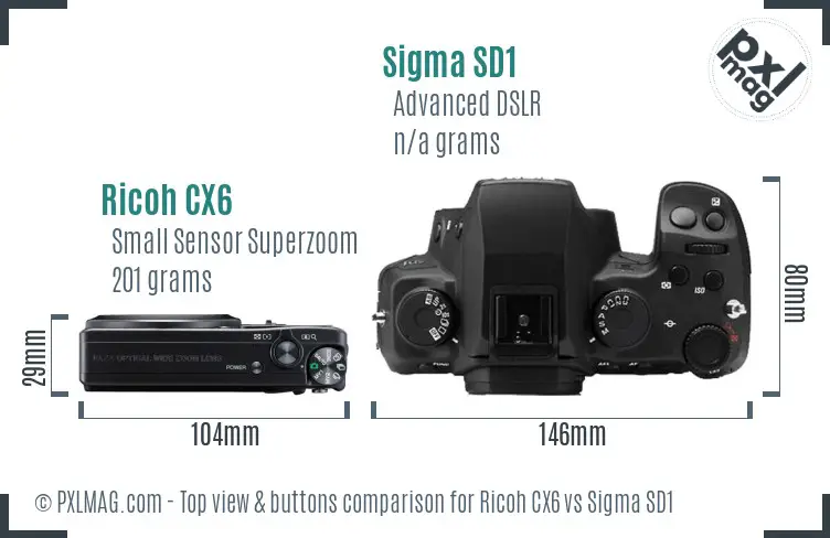 Ricoh CX6 vs Sigma SD1 top view buttons comparison